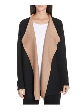 EILEEN FISHER Cardigan Black Camel Cascading Front Sulk Cotton Sz L
